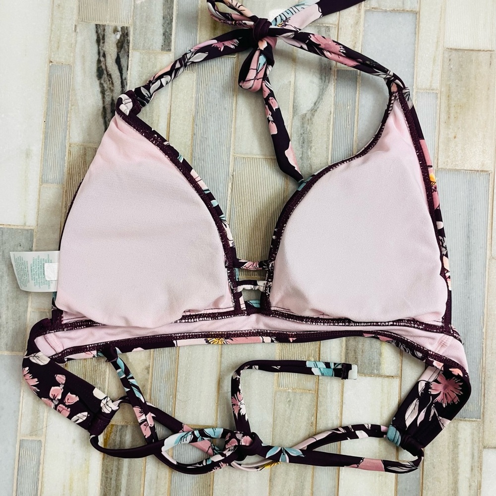 Kona Sol Floral Bikini Set Medium Burgundy Pink Tie Side Halter - Picture 4 of 15